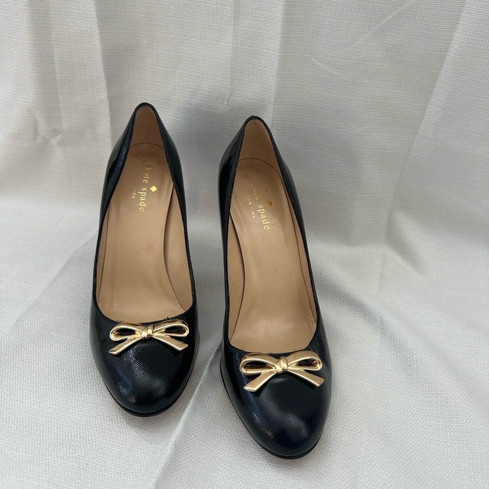 kate spade Black Patent Leather Pumps with Gold Bow Accent
